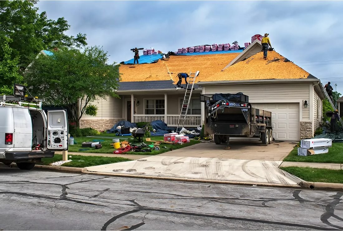 Crew replacing a full residential roof