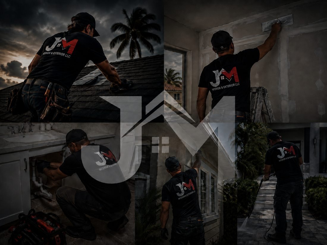 J&M technicians working: roofing, drywall, plumbing, painting, pressure washing